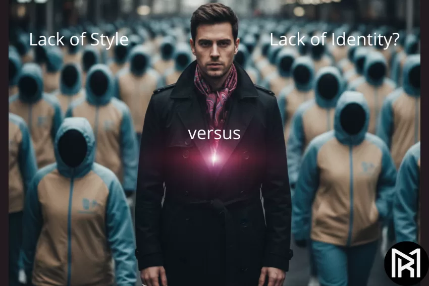 A man with a strong personal style standing among a faceless crowd of identical people in a subway station, representing identity versus social ameba.