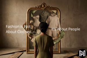 Surreal reflection in a vintage gold mirror showing the evolution of fashion from Victorian corsets to modern hoodies, representing clothing as a tool for social and political survival