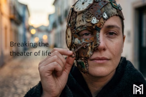 A dramatic close-up of a human figure with half of their face exposed and the other half covered by a corroded, fragmented mask of rusted gears and second-hand parts. Their human hand lifts a piece of metal, revealing the genuine skin underneath